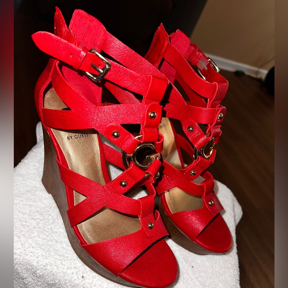 Guess Red Strappy Wedge Sandals